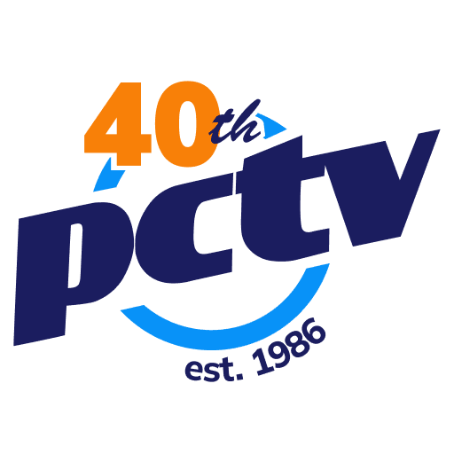 Text that says 40th PCTV Est. 1986 in light bule, dark blue and orange font. 