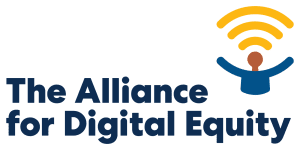 Blue font that says The Alliance for Digital Equity with a person who has a wi-fi signal as hair